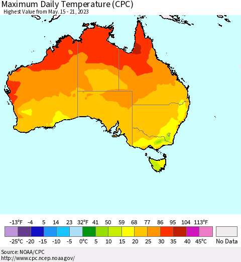 Australia Maximum Daily Temperature (CPC) Thematic Map For 5/15/2023 - 5/21/2023