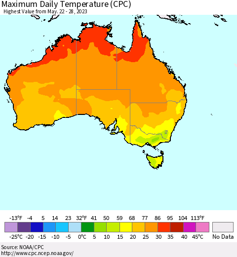 Australia Maximum Daily Temperature (CPC) Thematic Map For 5/22/2023 - 5/28/2023