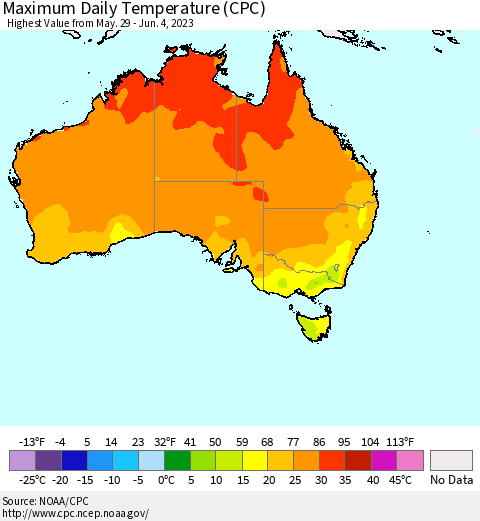 Australia Maximum Daily Temperature (CPC) Thematic Map For 5/29/2023 - 6/4/2023