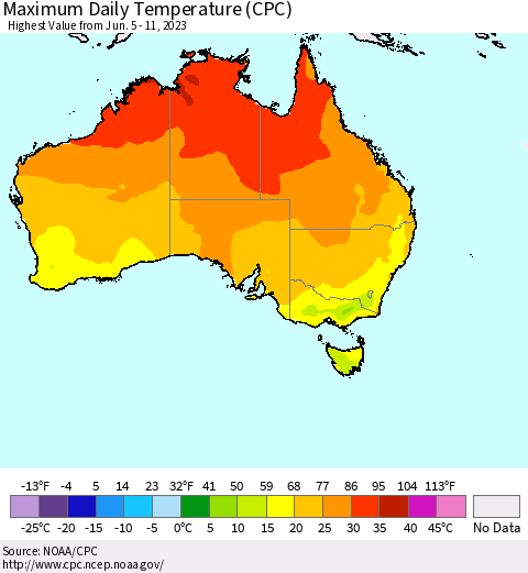 Australia Maximum Daily Temperature (CPC) Thematic Map For 6/5/2023 - 6/11/2023