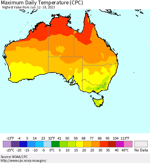 Australia Maximum Daily Temperature (CPC) Thematic Map For 6/12/2023 - 6/18/2023