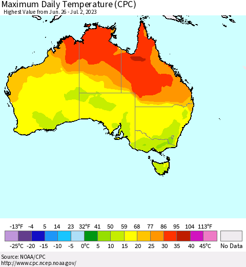 Australia Maximum Daily Temperature (CPC) Thematic Map For 6/26/2023 - 7/2/2023
