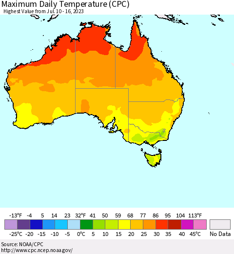 Australia Maximum Daily Temperature (CPC) Thematic Map For 7/10/2023 - 7/16/2023