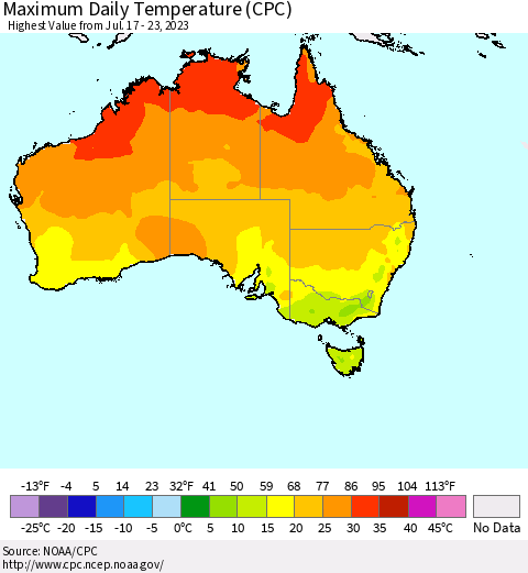 Australia Maximum Daily Temperature (CPC) Thematic Map For 7/17/2023 - 7/23/2023