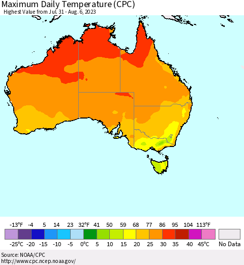 Australia Maximum Daily Temperature (CPC) Thematic Map For 7/31/2023 - 8/6/2023