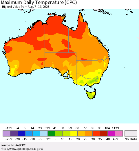 Australia Maximum Daily Temperature (CPC) Thematic Map For 8/7/2023 - 8/13/2023