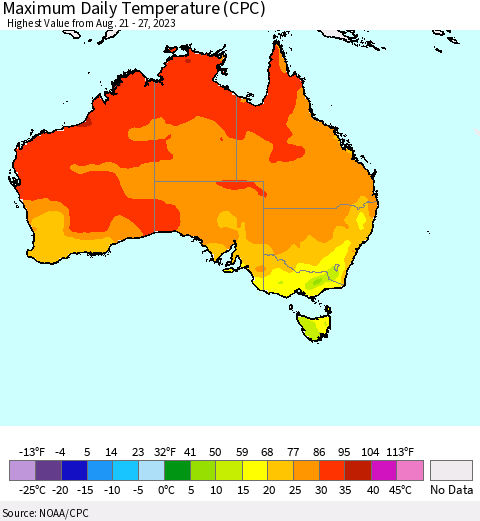 Australia Maximum Daily Temperature (CPC) Thematic Map For 8/21/2023 - 8/27/2023