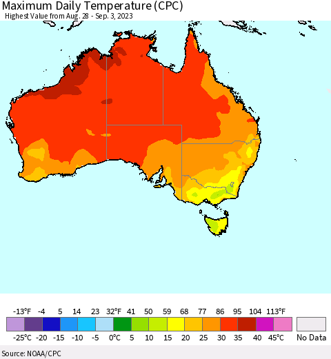 Australia Maximum Daily Temperature (CPC) Thematic Map For 8/28/2023 - 9/3/2023