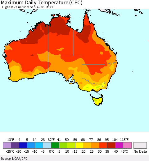 Australia Maximum Daily Temperature (CPC) Thematic Map For 9/4/2023 - 9/10/2023