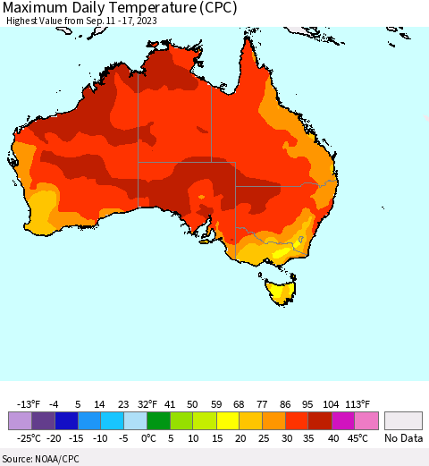 Australia Maximum Daily Temperature (CPC) Thematic Map For 9/11/2023 - 9/17/2023