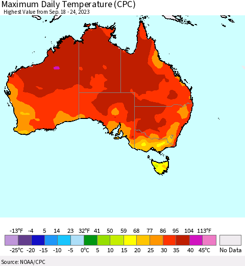 Australia Maximum Daily Temperature (CPC) Thematic Map For 9/18/2023 - 9/24/2023
