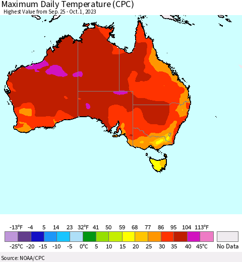 Australia Maximum Daily Temperature (CPC) Thematic Map For 9/25/2023 - 10/1/2023