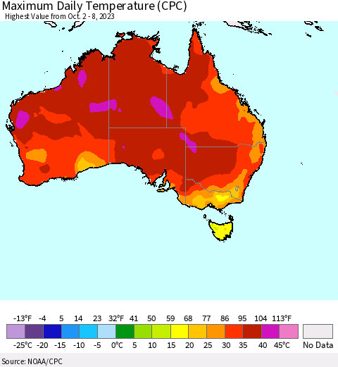 Australia Maximum Daily Temperature (CPC) Thematic Map For 10/2/2023 - 10/8/2023