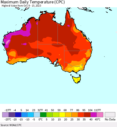 Australia Maximum Daily Temperature (CPC) Thematic Map For 10/9/2023 - 10/15/2023