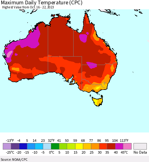 Australia Maximum Daily Temperature (CPC) Thematic Map For 10/16/2023 - 10/22/2023