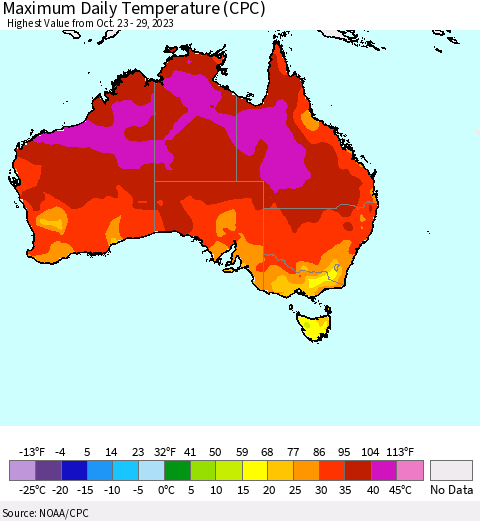 Australia Maximum Daily Temperature (CPC) Thematic Map For 10/23/2023 - 10/29/2023