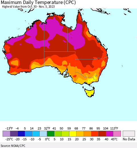 Australia Maximum Daily Temperature (CPC) Thematic Map For 10/30/2023 - 11/5/2023