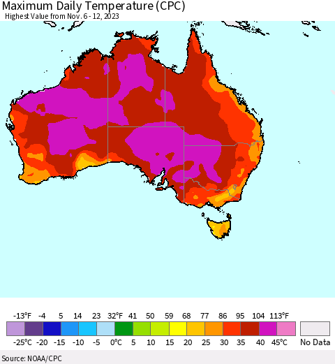 Australia Maximum Daily Temperature (CPC) Thematic Map For 11/6/2023 - 11/12/2023
