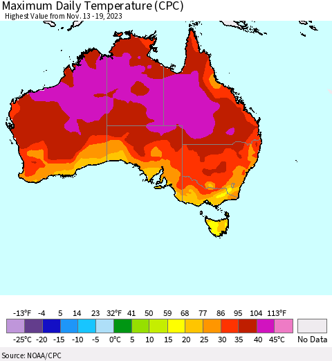 Australia Maximum Daily Temperature (CPC) Thematic Map For 11/13/2023 - 11/19/2023