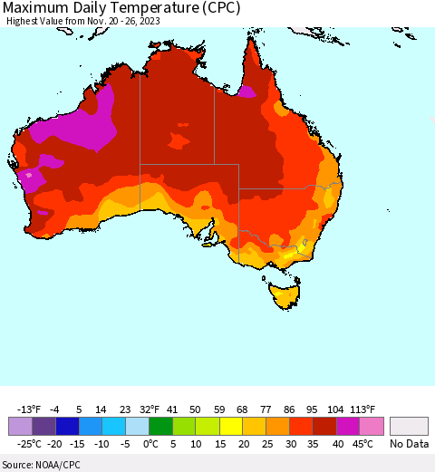 Australia Maximum Daily Temperature (CPC) Thematic Map For 11/20/2023 - 11/26/2023