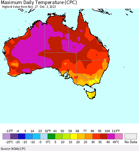 Australia Maximum Daily Temperature (CPC) Thematic Map For 11/27/2023 - 12/3/2023