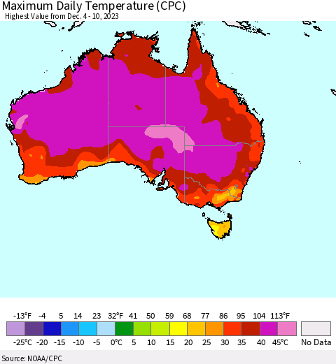 Australia Maximum Daily Temperature (CPC) Thematic Map For 12/4/2023 - 12/10/2023