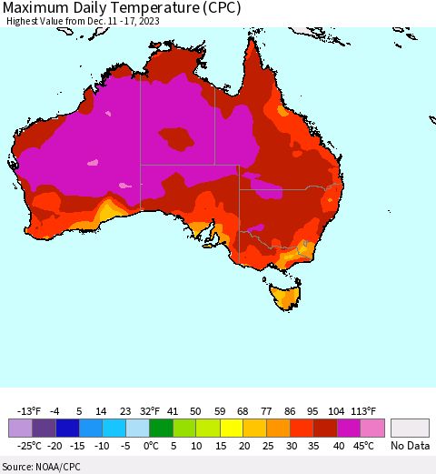 Australia Maximum Daily Temperature (CPC) Thematic Map For 12/11/2023 - 12/17/2023