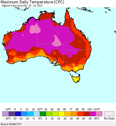Australia Maximum Daily Temperature (CPC) Thematic Map For 12/18/2023 - 12/24/2023