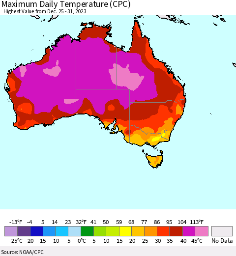 Australia Maximum Daily Temperature (CPC) Thematic Map For 12/25/2023 - 12/31/2023