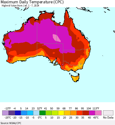 Australia Maximum Daily Temperature (CPC) Thematic Map For 1/1/2024 - 1/7/2024