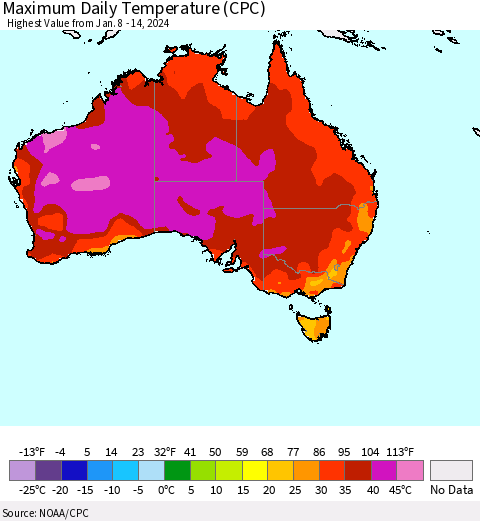 Australia Maximum Daily Temperature (CPC) Thematic Map For 1/8/2024 - 1/14/2024