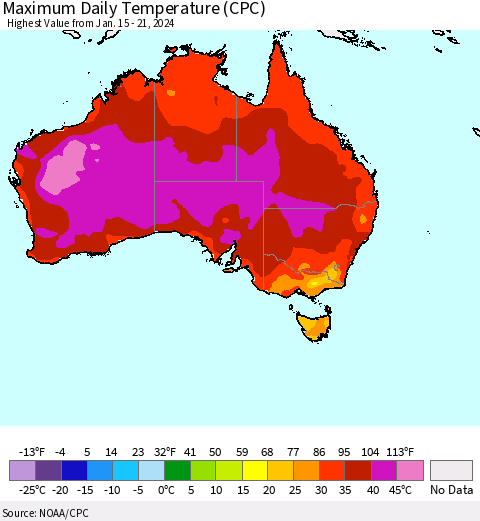 Australia Maximum Daily Temperature (CPC) Thematic Map For 1/15/2024 - 1/21/2024