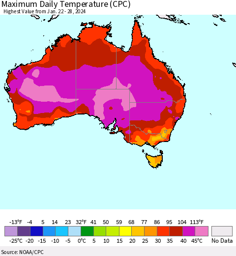Australia Maximum Daily Temperature (CPC) Thematic Map For 1/22/2024 - 1/28/2024