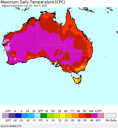 Australia Maximum Daily Temperature (CPC) Thematic Map For 1/29/2024 - 2/4/2024