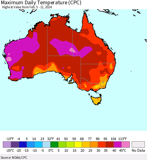Australia Maximum Daily Temperature (CPC) Thematic Map For 2/5/2024 - 2/11/2024