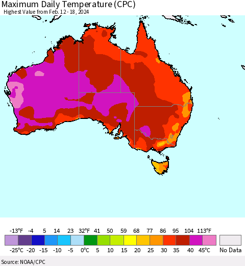 Australia Maximum Daily Temperature (CPC) Thematic Map For 2/12/2024 - 2/18/2024
