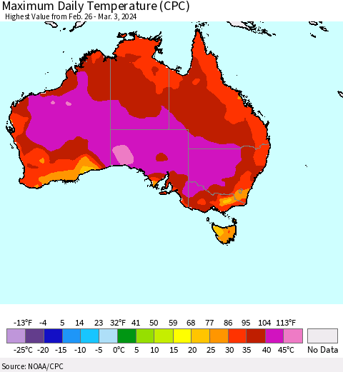 Australia Maximum Daily Temperature (CPC) Thematic Map For 2/26/2024 - 3/3/2024