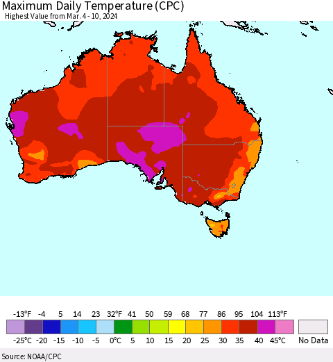 Australia Maximum Daily Temperature (CPC) Thematic Map For 3/4/2024 - 3/10/2024