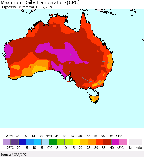 Australia Maximum Daily Temperature (CPC) Thematic Map For 3/11/2024 - 3/17/2024