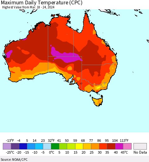Australia Maximum Daily Temperature (CPC) Thematic Map For 3/18/2024 - 3/24/2024