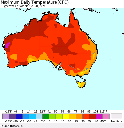 Australia Maximum Daily Temperature (CPC) Thematic Map For 3/25/2024 - 3/31/2024
