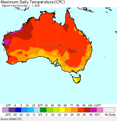 Australia Maximum Daily Temperature (CPC) Thematic Map For 4/1/2024 - 4/7/2024