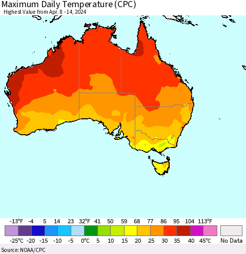 Australia Maximum Daily Temperature (CPC) Thematic Map For 4/8/2024 - 4/14/2024