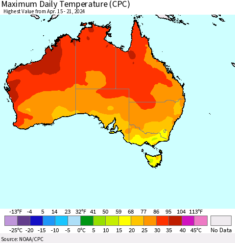 Australia Maximum Daily Temperature (CPC) Thematic Map For 4/15/2024 - 4/21/2024