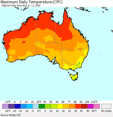 Australia Maximum Daily Temperature (CPC) Thematic Map For 5/6/2024 - 5/12/2024