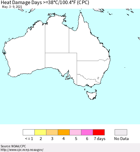 Australia Heat Damage Days >=38°C/100°F (CPC) Thematic Map For 5/3/2021 - 5/9/2021