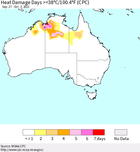 Australia Heat Damage Days >=38°C/100°F (CPC) Thematic Map For 9/27/2021 - 10/3/2021