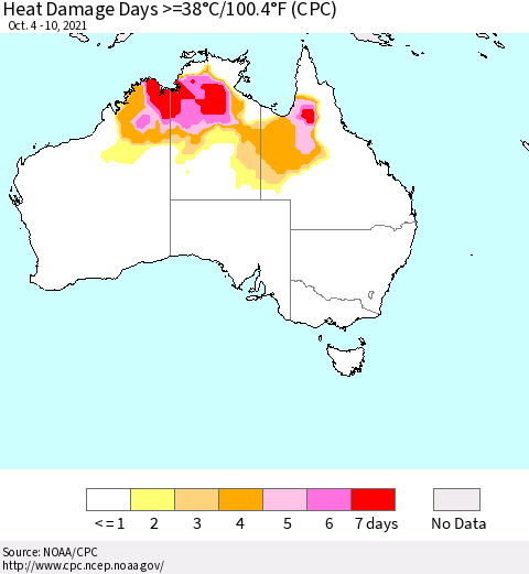 Australia Heat Damage Days >=38°C/100°F (CPC) Thematic Map For 10/4/2021 - 10/10/2021
