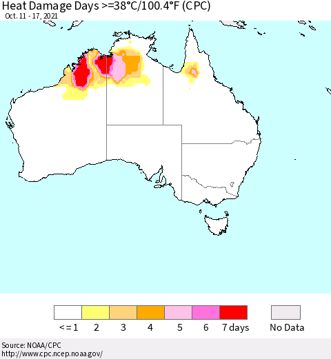 Australia Heat Damage Days >=38°C/100°F (CPC) Thematic Map For 10/11/2021 - 10/17/2021