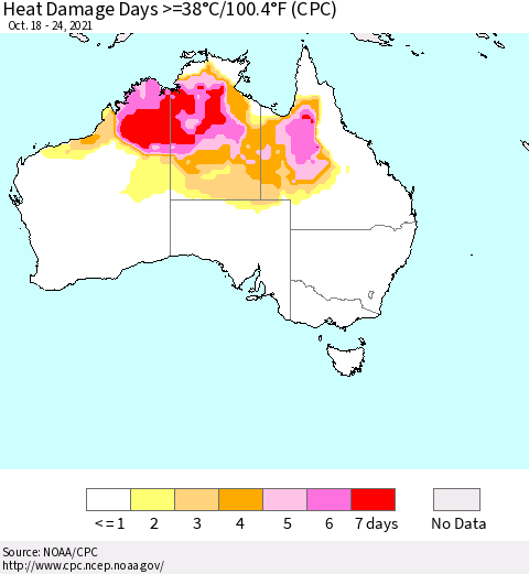 Australia Heat Damage Days >=38°C/100°F (CPC) Thematic Map For 10/18/2021 - 10/24/2021